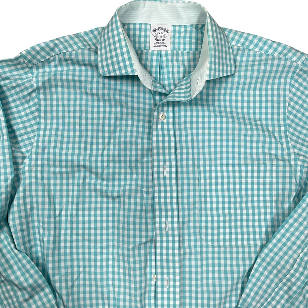 Brooks Brothers Shirt Mens 15-32 Teal Gingham Non-Iron Classic Fit Cotton